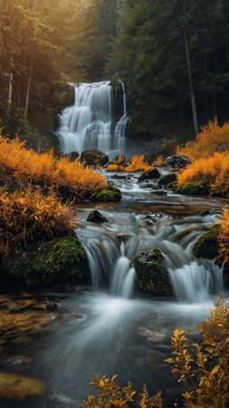 Beautiful waterfall in the autumn forest. Long exposure photo. Soft focus.