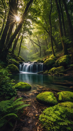 Beautiful waterfall in the forest with sunlight, long exposure photo.の写真素材