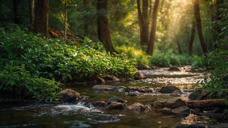 River in the forest. Beautiful nature scene with river and sunlight.の写真素材