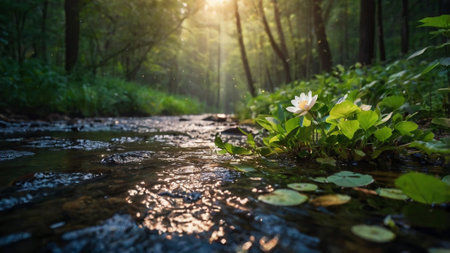 Water lily flower in the forest with sunbeams and lens flareの写真素材