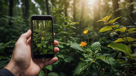 Taking a photo of a flower in the forest with a smartphone.の写真素材