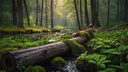 Beautiful springtime forest with small river and green moss in the foreground