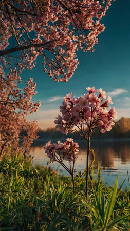 Cherry blossoms in full bloom on the bank of a lakeの写真素材