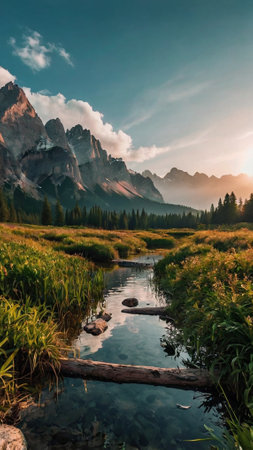 Mountain lake in the Dolomites at sunset, Italy.の写真素材