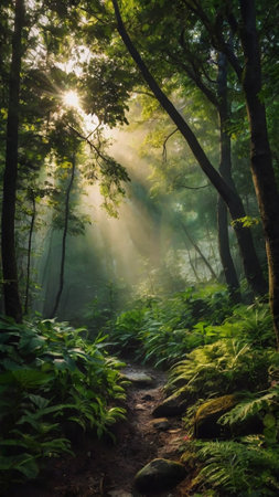 Morning in the forest with sunbeams and lens flare. Nature conceptの写真素材