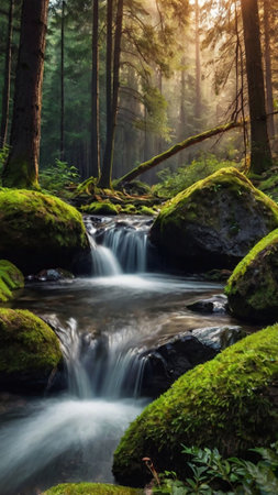 Mossy rocks and small waterfall in the forest with sunbeam