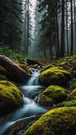Beautiful mountain stream in the forest with mossy stones and fogの写真素材