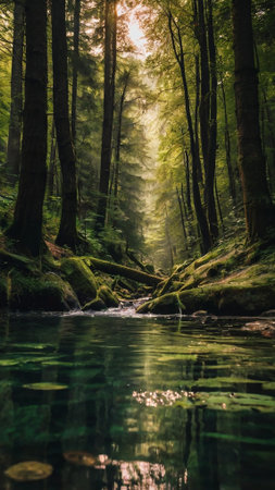River in the forest. Beautiful natural landscape with river and trees.
