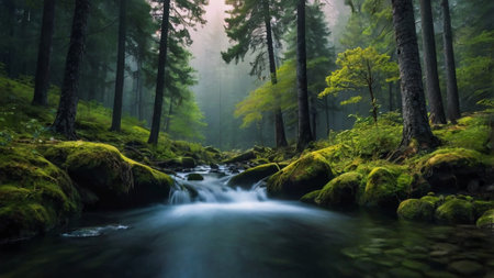 Mountain stream in the forest at sunrise. Beautiful summer landscape.の写真素材