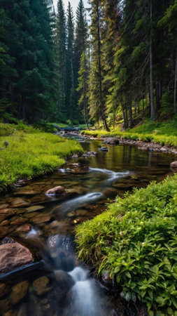 mountain stream in the green forest in summer, beautiful photo digital pictureの写真素材