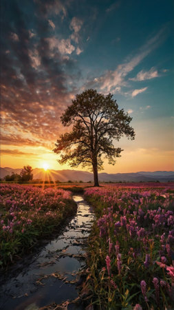 Lupine field at sunset with a single tree in the foregroundの写真素材