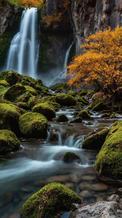 Beautiful waterfall in autumn forest, long exposure shot with long exposure