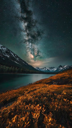 Milky Way over mountain lake at night. Beautiful landscape with starry sky.の写真素材