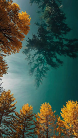 Autumn forest with golden larch trees on the blue sky backgroundの写真素材