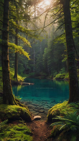 A beautiful emerald lake in the forest in the morning light.