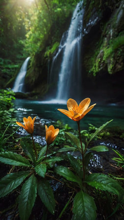 Waterfall in deep rainforest with yellow flower in the foreground.の写真素材