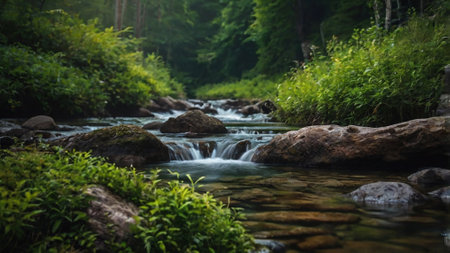 Mountain stream in the forest with rocks and green grass in the foregroundの写真素材