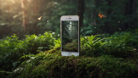 Smartphone in the forest with flying butterflies and raindrops on the screen