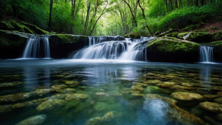 Beautiful waterfall in the forest. Soft focus, long exposure.