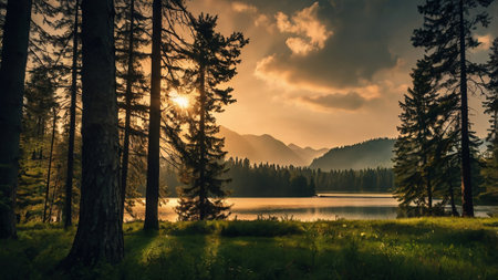 Sunset on a lake in the mountains of the Dolomites