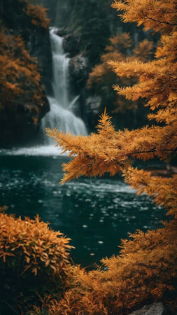 Beautiful waterfall in autumn forest with yellow larch tree leaves.