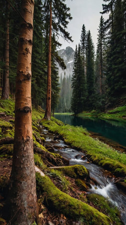 Beautiful mountain landscape with a river and a green forest in the backgroundの写真素材