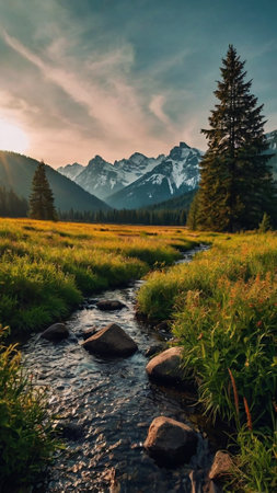 Mountain stream in the valley at sunset. Beautiful summer landscape.の写真素材