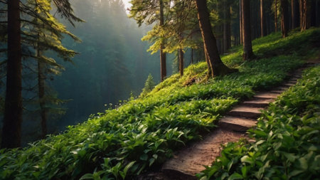 Beautiful panorama of green forest with path in the morning.の写真素材