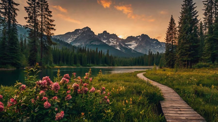 Sunset in Banff National Park, Alberta, Canada. Panoramic view of the lake and mountains.