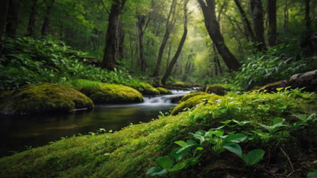 Waterfall in deep green forest. Nature composition. Soft focus.