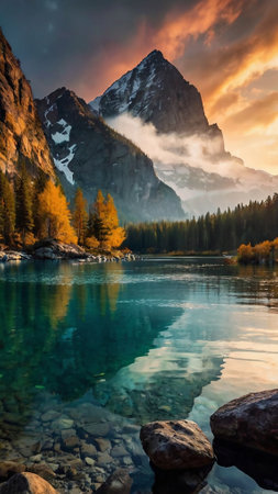 Mountain lake with reflection in the water at sunset, Dolomites, Italyの写真素材
