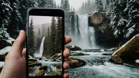 Taking photo on smart phone concept. Hand holding smartphone with waterfall on background.
