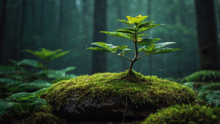 Green plant growing on mossy rock in dark forest with fog.の写真素材