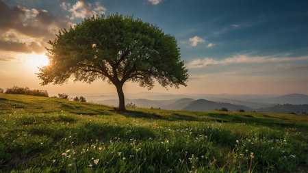 Beautiful summer landscape with a lonely tree in the foreground and mountains in the backgroundの写真素材
