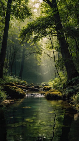 Beautiful river in the forest with green leaves and rocks in the foreground