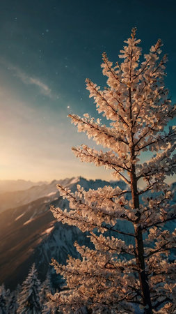 Snowy pine tree in mountains at sunset. Beautiful winter landscape.の写真素材