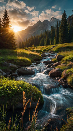 Mountain stream at sunset in the Dolomites, Italy.の写真素材