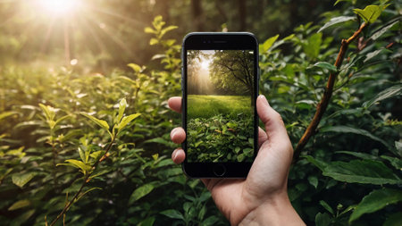 Taking photo of tea plantation with smart phone. Nature photography concept.の写真素材