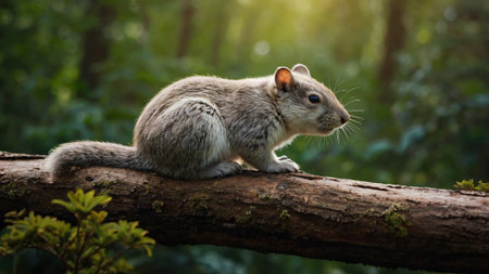 Squirrel sitting on a tree branch in the forest and looking at camera