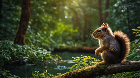 Squirrel sitting on a branch in the forest and looking at cameraの写真素材