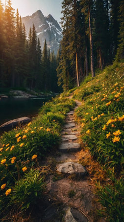 Beautiful view of the trail leading to Mount Rainier National Park, Washington.