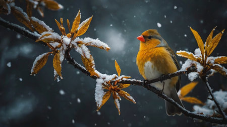 European robin (Erithacus rubecula) sitting on a branch covered with snow