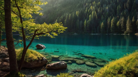 Beautiful view of turquoise emerald water of mountain lake