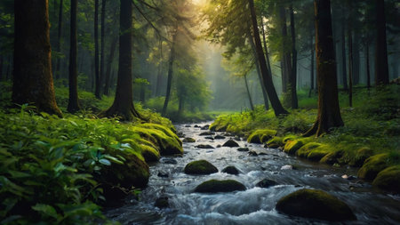Beautiful river in the forest at sunrise. Beautiful summer landscape.