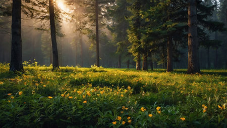 Morning in the forest. Sunlight through the trees. Spring landscape.