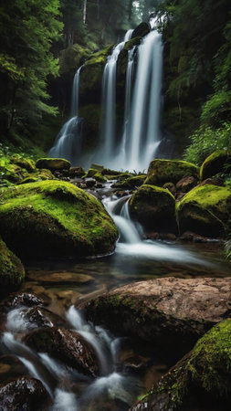 Long exposure of a waterfall flowing through a green forest with mossy rocks