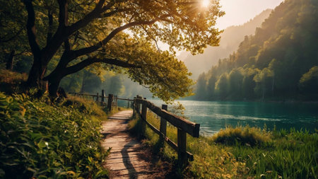 Wooden bridge over the lake in the mountains. Beautiful summer landscape