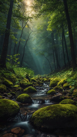 Stream in the forest in the morning mist. Beautiful nature landscape.の写真素材