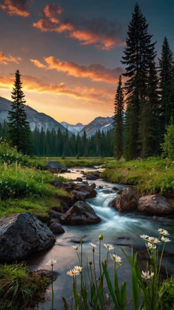 Mountain stream at sunset. Beautiful summer landscape with mountain river.の写真素材