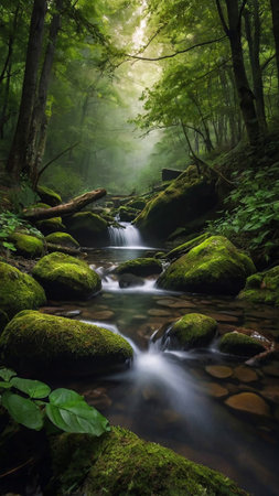 Stream flowing through the forest in a foggy morning. Long exposure